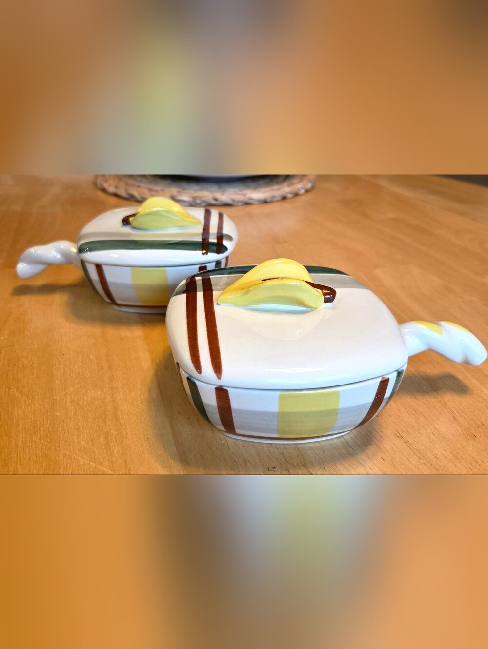Set of 2 Blair Pottery Individual Casserole Dishes w Lids Highland Plaid MCM